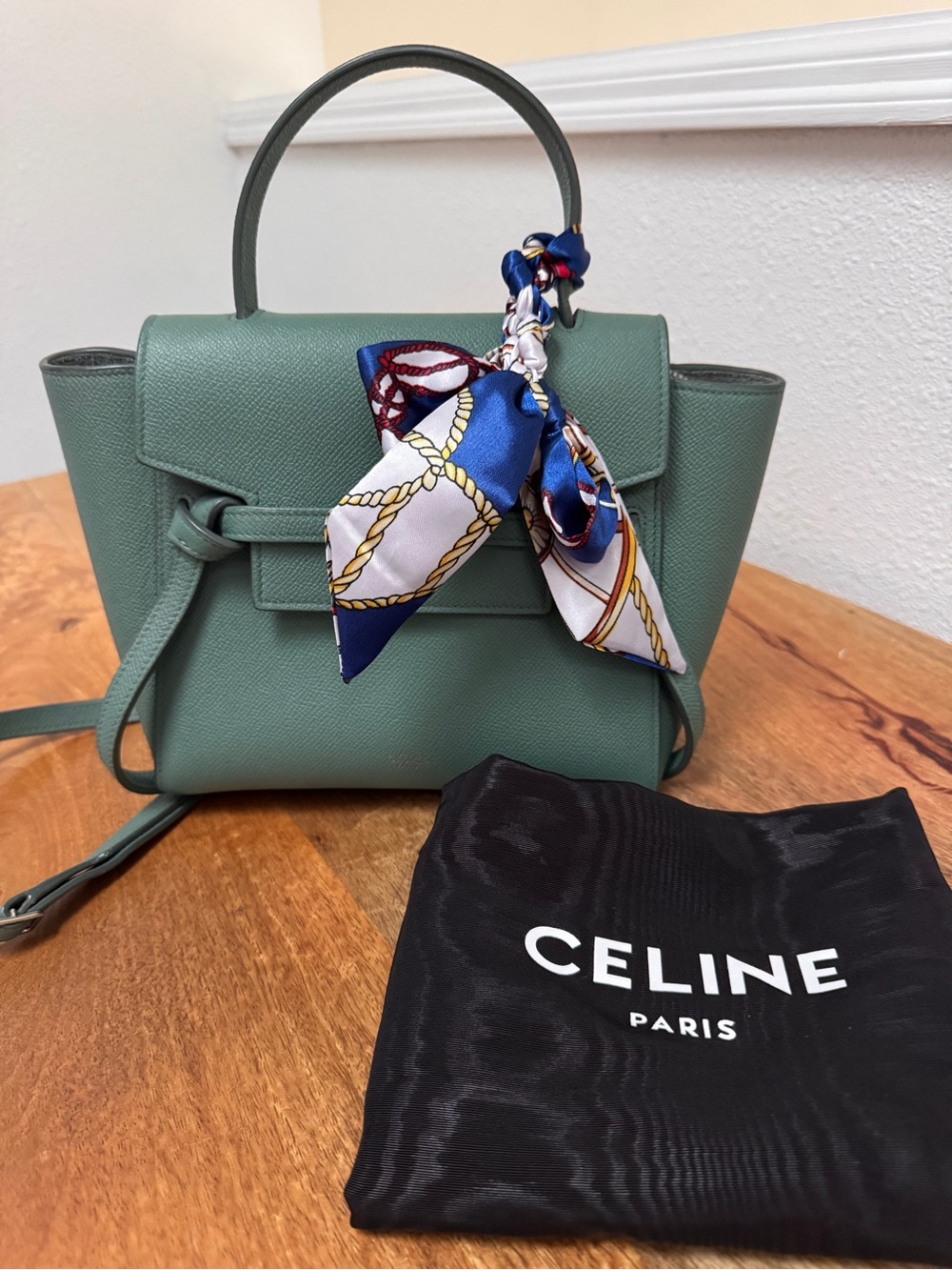 Celine Sage Green Leather Satchel with  Scarf Accent